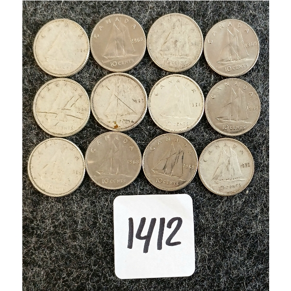 LOT OF 12 - 1952-1968 CDN 10 CENT COINS