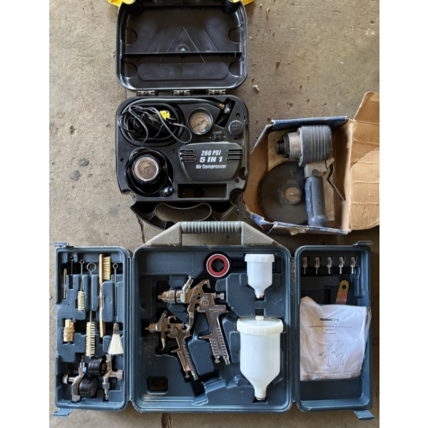 LOT OF 3 - 12V MINI AIR COMP, AIR SPRAYER & ORBITAL SANDER - AS NEW