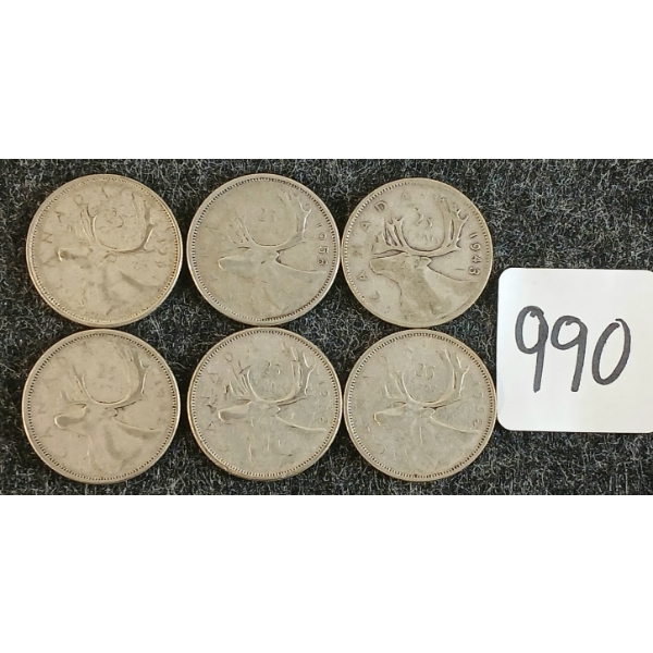 LOT OF 6 - 1943-1964 CDN 25 CENT COINS