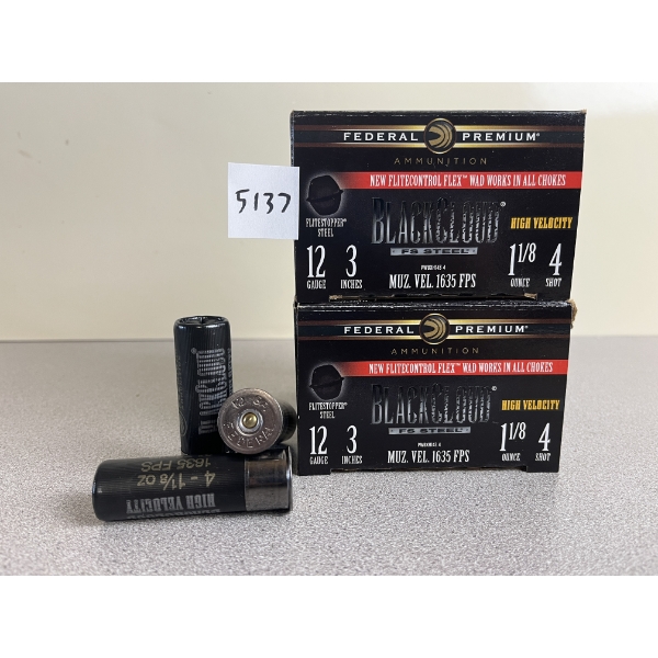AMMO: 50X FEDERAL BLACK CLOUD FS STEEL 12 GA 3IN 1-1/8OZ NO4 SHOT