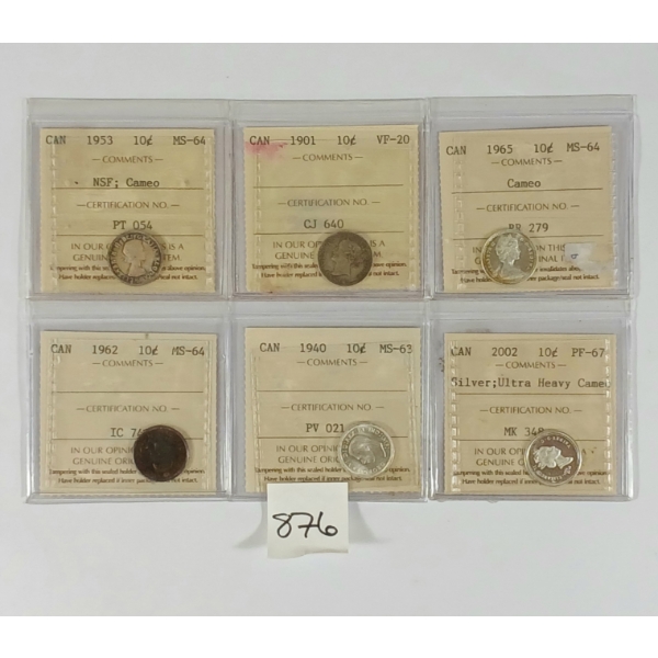 LOT OF 6 - CDN 10 CENT PCS - INCL 1901 & 1940 - ICCS GRADED