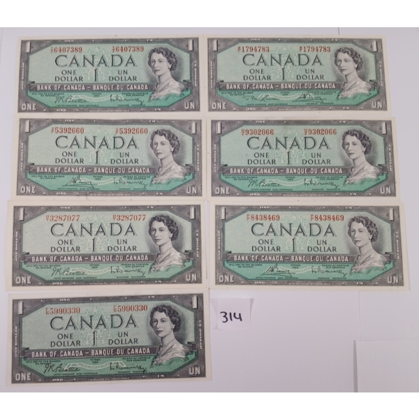 LOT OF 7 - CDN 1954 $1 BANKNOTES