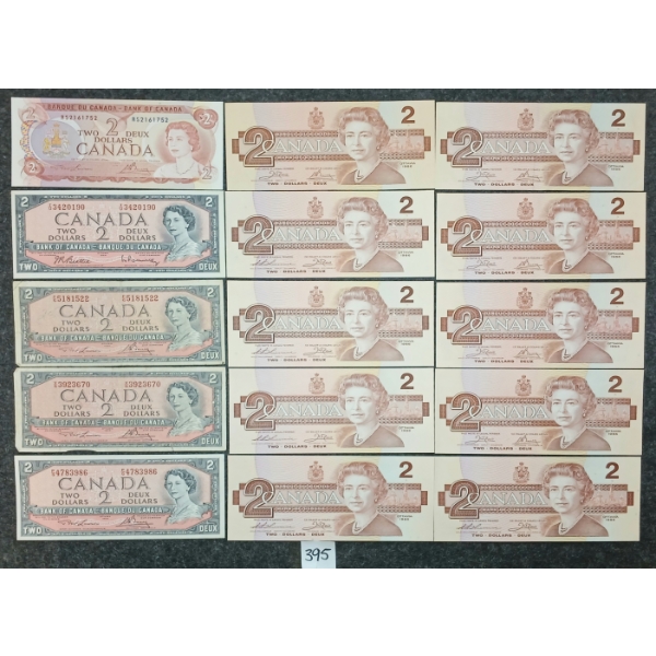 LOT OF 15 - 1954-1986 CDN $2 BANKNOTES - SEQUENTIAL PAIR