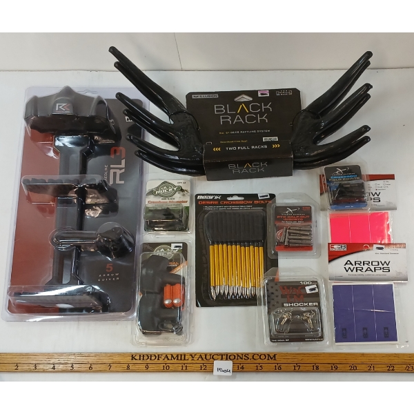 LOT OF 10 - ARCHERY - BLACK RACK DEER RATTLING SYSTEM, REDLINE ARROW QUIVER, ETC