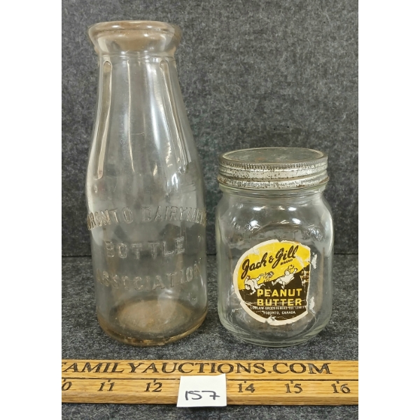 LOT OF 2 - JACK & JILL PEANUT BUTTER 1LB JAR & EMBOSSED TORONTO DAIRYMEN'S MILK BOTTLE