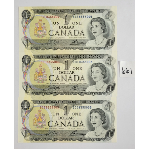 LOT OF 3 - 1973 CDN $1 BANKNOTES - SEQUENTIAL & UNCIRCULATED