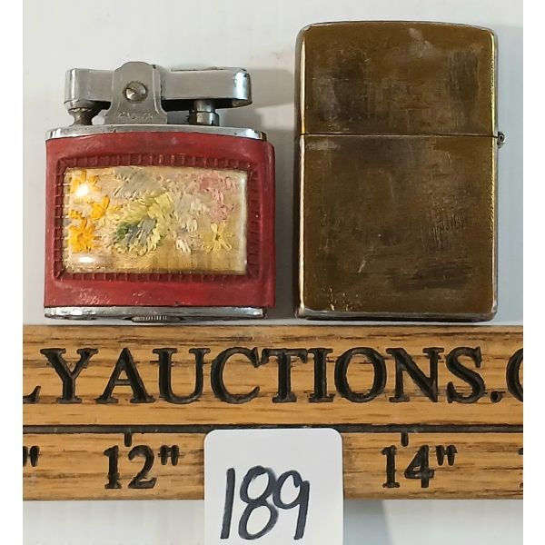 LOT OF 2 - BRASS ZIPPO & PACTON EMBROIDERY LIGHTERS - CIRCA 1940-50's