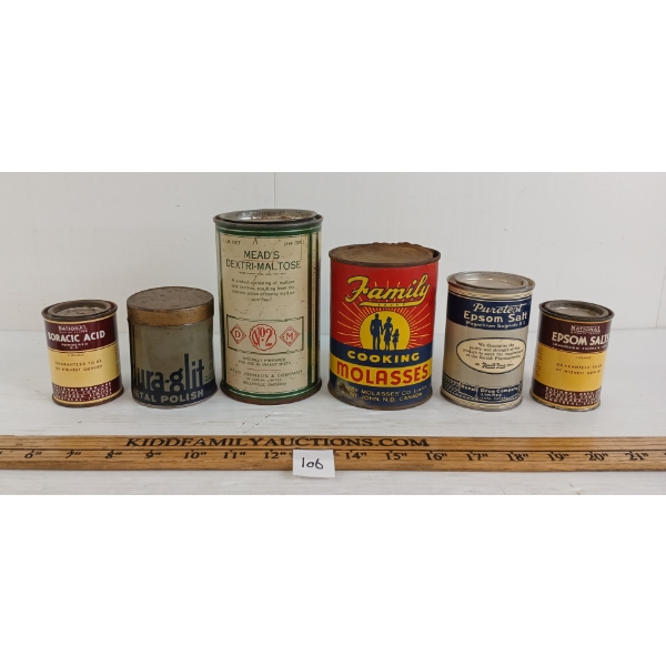 LOT OF 6 - HOUSEHOLD TINS - INCL FAMILY COOKING MOLASSES, MEAD'S DEXTRI-MALTOSE, ETC