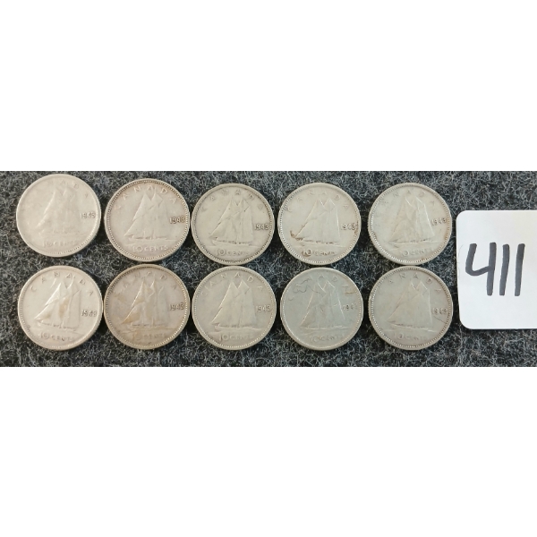 LOT OF 10 - 1943 CDN 10 CENT COINS