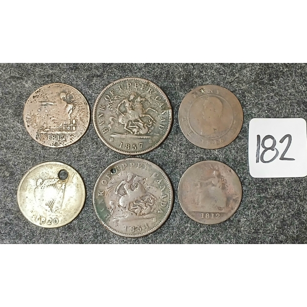 LOT OF 6 - 1812, 1816 & 1820 LOWER CANADA HALF PENNIES & 1854 & 1857 UPPER CANADA PENNIES