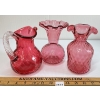 Image 2 : LOT OF 3 - CRANBERRY DEPRESSION GLASS PITCHER & VASES