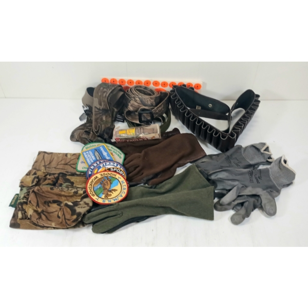 JOB LOT - LEATHER SHELL BELT, TARGET STICKERS, MISC PATCHES, SLINGS, POUCHES, ETC