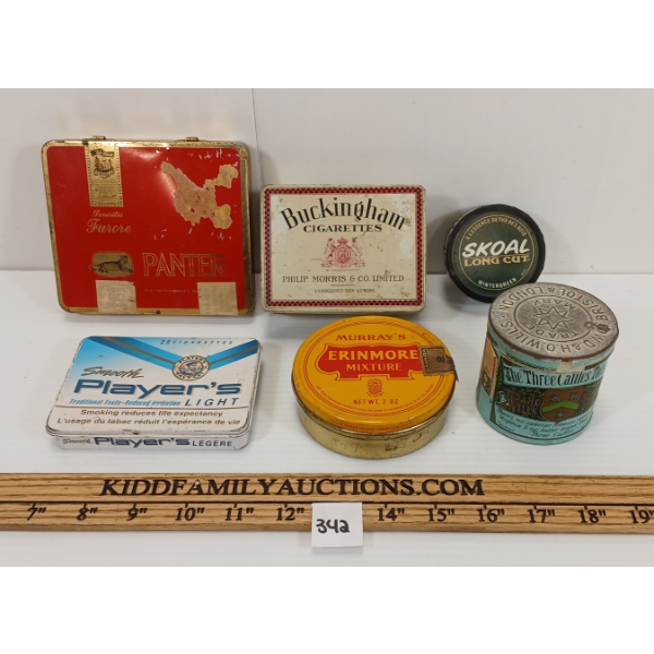 LOT OF 6 - TOBACCO TINS & CONTAINERS - INCL THE THREE CATTLE & PANTER, ETC.
