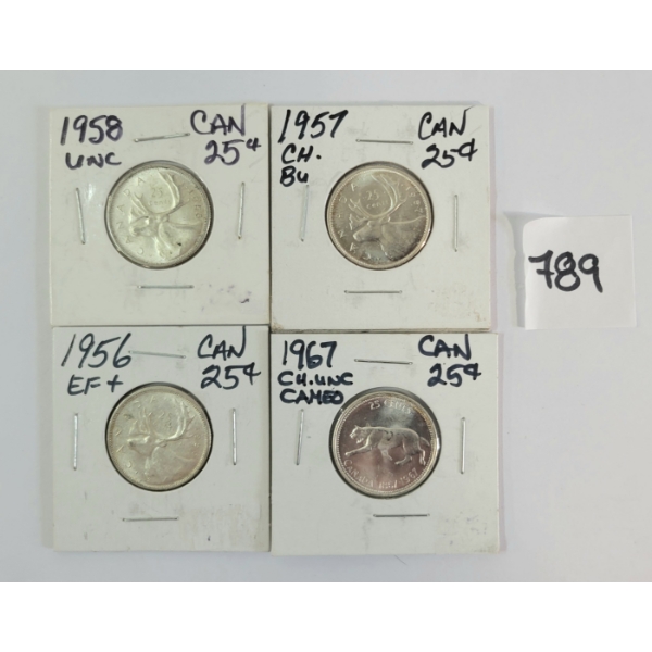LOT OF 4 - 1956-1958 & 1967 CDN 25 CENT SILVER PCS