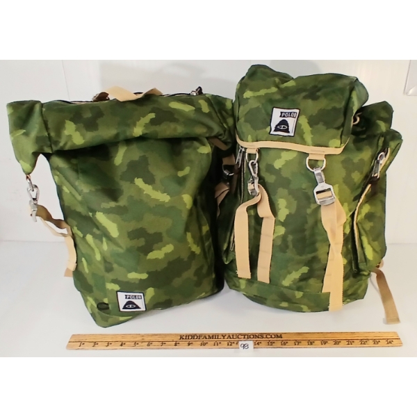 LOT OF 2 - POLER STUFF GREEN CAMO ROLLTOP & RUCKSACK BAGS