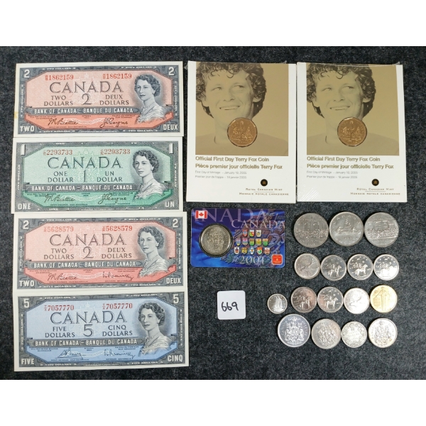 JOB LOT - MISC CDN BANKNOTES & COINS - INCL 1954 CDN $5 BANKNOTE, 1965 CDN SILVER 50 CENT COIN, ETC