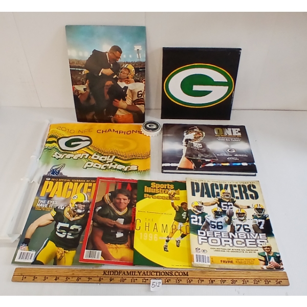 LOT OF 9 - GREEN BAY PACKERS FOOTBALL MAGAZINES, FLAG, FOAM CORE SIGNS, ETC