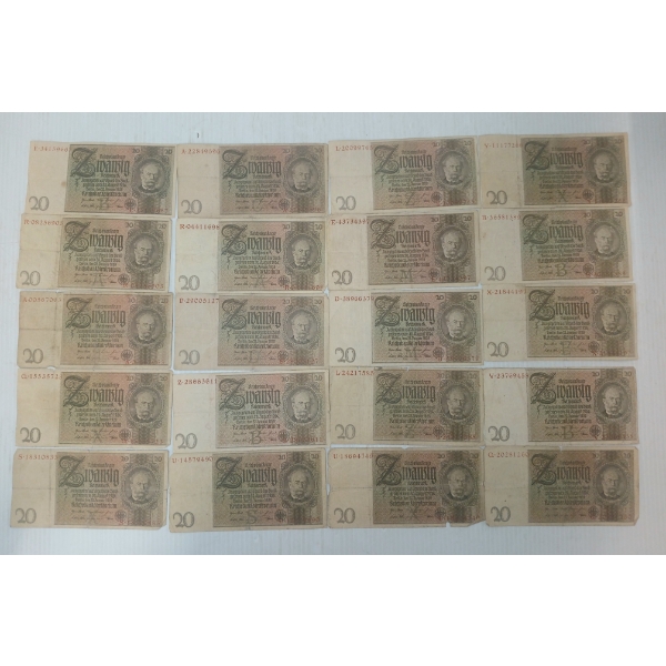 QTY OF 1929 GERMAN 20 REICHSMARK BANKNOTES