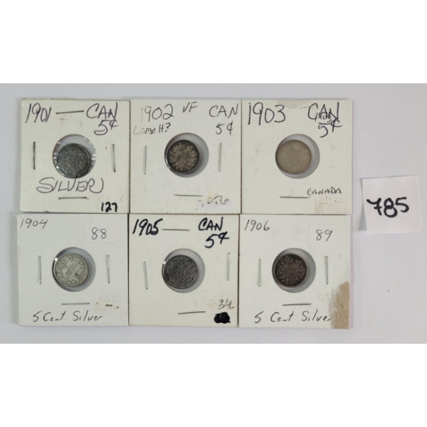 LOT OF 6 - 1901-1906 CDN 5 CENT SILVER PCS