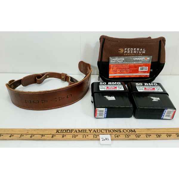 LOT OF 4 - FEDERAL TRAPSHOOTING SHELL POUCH, AMMO BOXES & SAVAGE LEATHER SLING