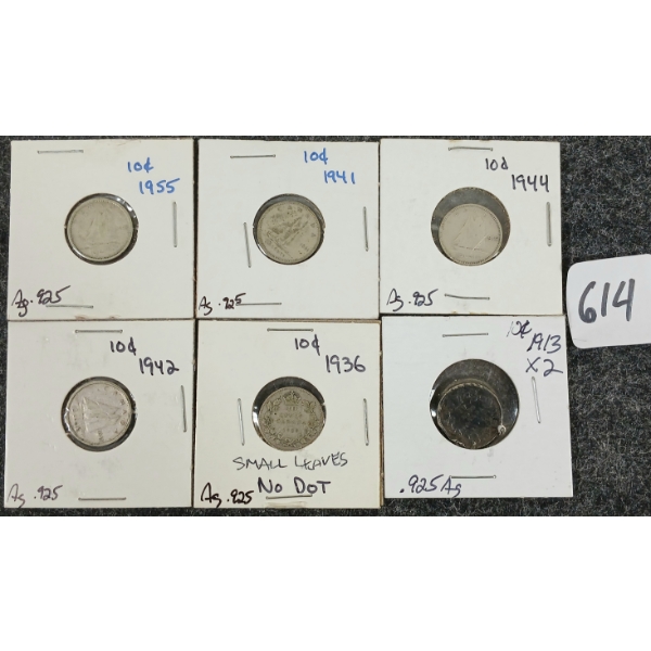 LOT OF 7 - 1913-1955 CDN 10 CENT COINS
