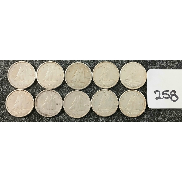 LOT OF 10 - 1956-1968 CDN 10 CENT COINS