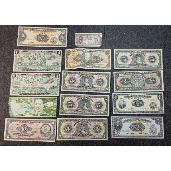 QTY OF WORLD BANK NOTES - MEXICO, HONG KONG, BARBADOS & CDN "FAST BUCK"
