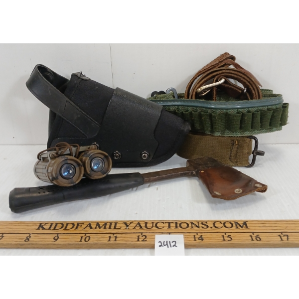 LOT OF 6 - WEB PATTERN SLINGS, TASCO 8X21 BINOCULARS, AMMO BELT, ETC