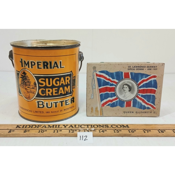 LOT OF 2 - IMPERIAL SUGAR CREAM BUTTER 4.5LB CAN & EXPORT A QUEEN ELIZABETH II TIN