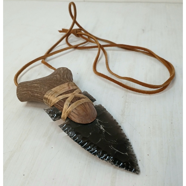 OBSIDIAN KNIFE W/ ANTLER HANDLE ON LEATHER STRING
