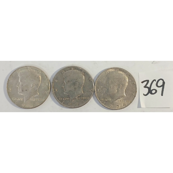 LOT OF 3 - 1966, 1971 & 1974 U.S. KENNEDY SILVER HALF DOLLARS