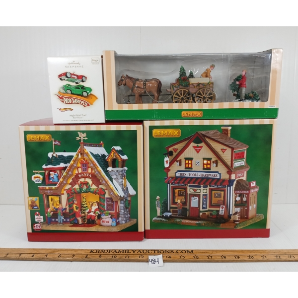 LOT OF 4 - LEMAX & HALLMARK CHRISTMAS VILLAGE ACCESS. - INCL SANTA'S CABIN