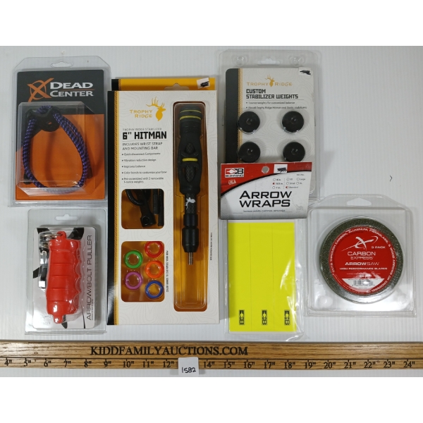 LOT OF 6 - TROPHY RIDGE 6IN HITMAN STABILIZER, WEIGHTS, CARBON EXPRESS ARROWSAW, ETC