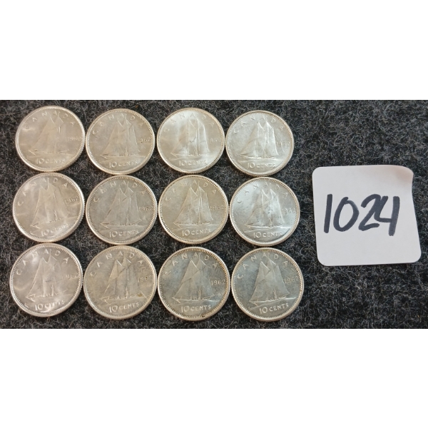 LOT OF 12 - 1962 CDN 10 CENT COINS