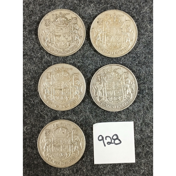 LOT OF 5 - 1951 CDN 50 CENT SILVER COINS
