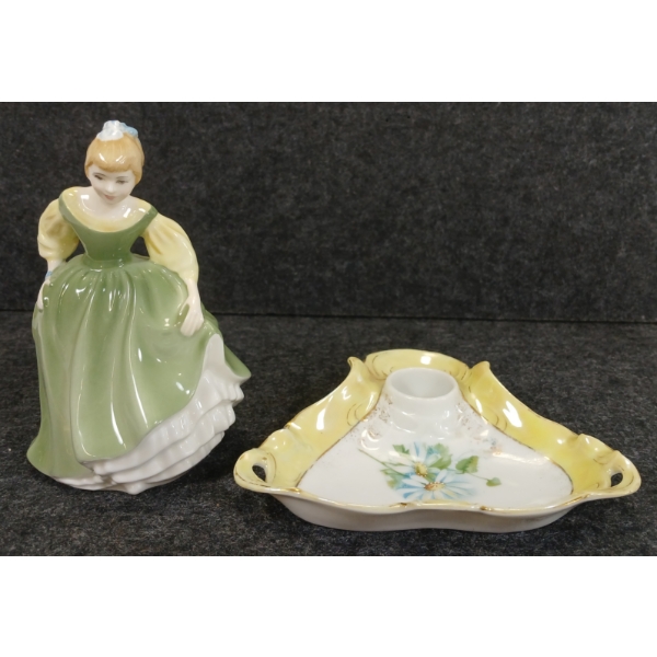 LOT OF 2 - ROYAL DOULTON "FAIR MAIDEN" & PORCELAIN CANDLESTICK HOLDER