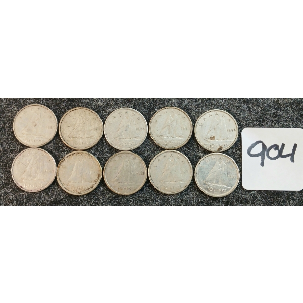 LOT OF 10 - 1943-1968 CDN 10 CENT COINS