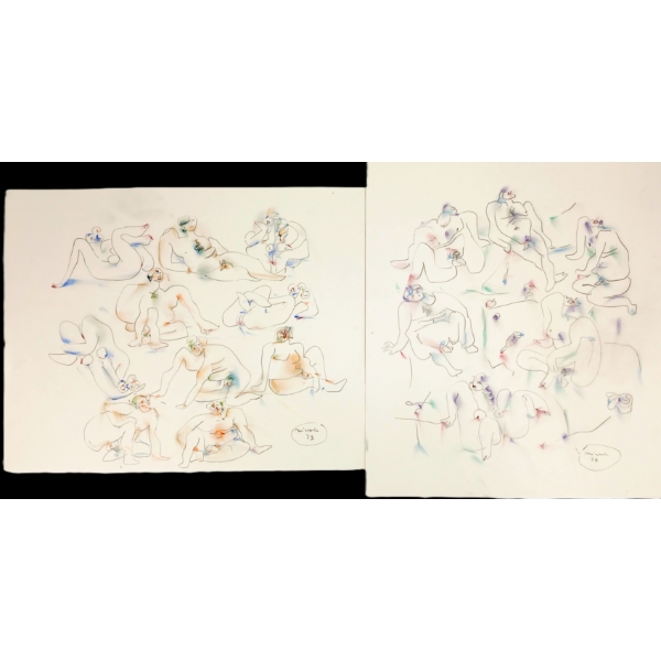 LOT OF 2 - NUDY STUDIES BY MIVOLA (20TH CENTURY ARTIST) - GRAPHITE & OIL PASTEL ON PAPER