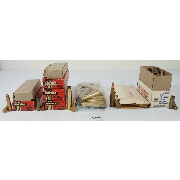 AMMO / BRASS: 20X NORMA .30 US CARBINE - 100GR - SP RN & 7X .250 SAV - 106X BRASS