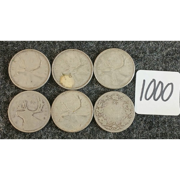 LOT OF 6 - 1919-1965 CDN 25 CENT COINS