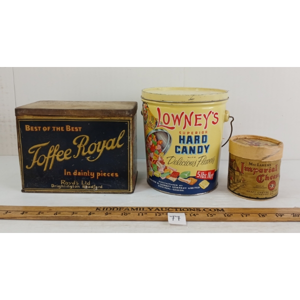 LOT OF 3 - TOFFEE ROYAL, LOWNEY'S HARD CANDY TINS & MAC LAREN'S CHEESE BOX