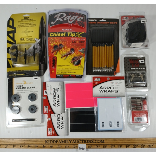 LOT OF 10 - ARCHERY - BEAR X DESIRE CROSSBOW BOLTS, RAGE BROADHEADS, STABILIZER WEIGHTS, ETC