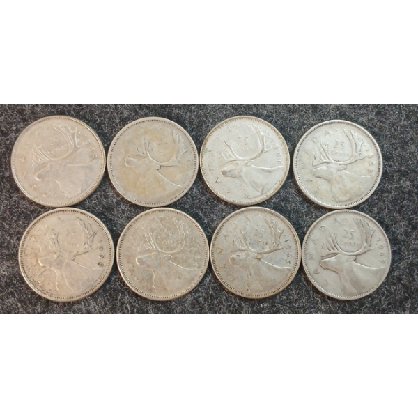 LOT OF 8 - 1943-1968 CDN 25 CENT COINS