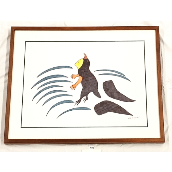 "SHAMAN-BRID TRANSFORMATION" BY AGNES NANOGAK (1925 - 2001) - FRAMED MARKER ON BOARD