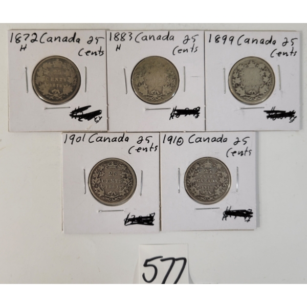 LOT OF 5 - 1872-1910 CDN 25 CENT SILVER COINS