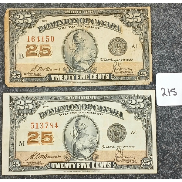 LOT OF 2 - 1923 DOMINION OF CANADA 25 CENT BANKNOTES 