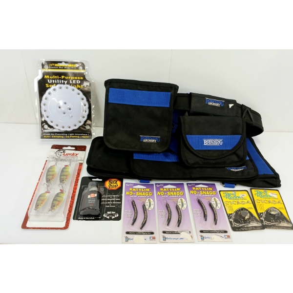 LOT OF 9 - LUCKY STRIKE FISHING LURES, BUCK STOP SCENT, BOHNING ARCHERY QUIVER, ETC