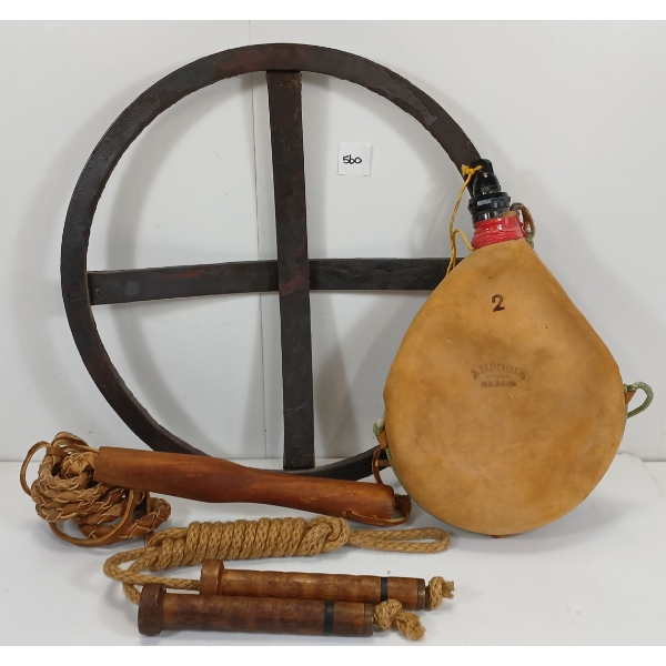 LOT OF 4 - LEATHER BEVERAGE POUCH, BULL WHIP, JUMP ROPE, ETC 