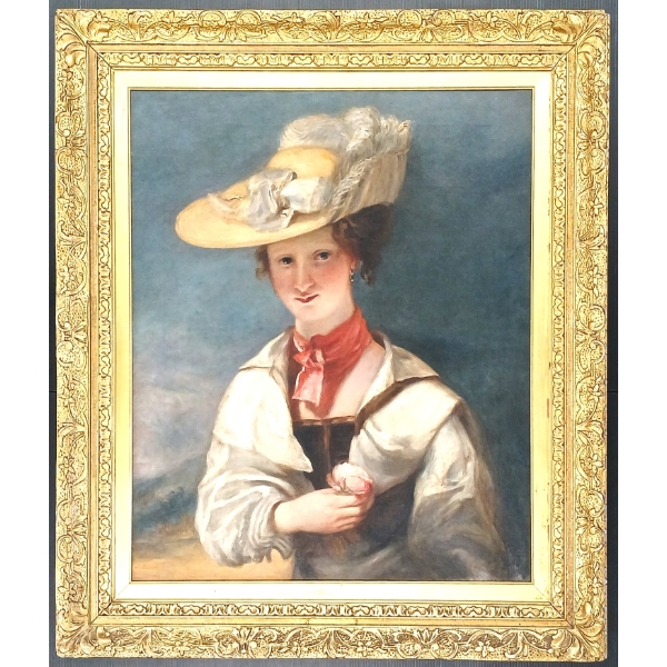 YOUNG WOMAN HOLDING A ROSE BY ANDREW GEDDES - FRAMED OIL ON CANVAS