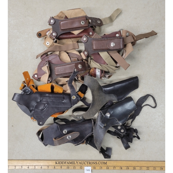 LOT OF 7 - LEATHER PISTOL HOLSTERS W/ BELTS